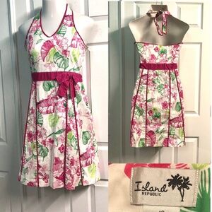 Y2K Island Republic Pink White Green Tropical Floral VacaCore Halter SunDress~12